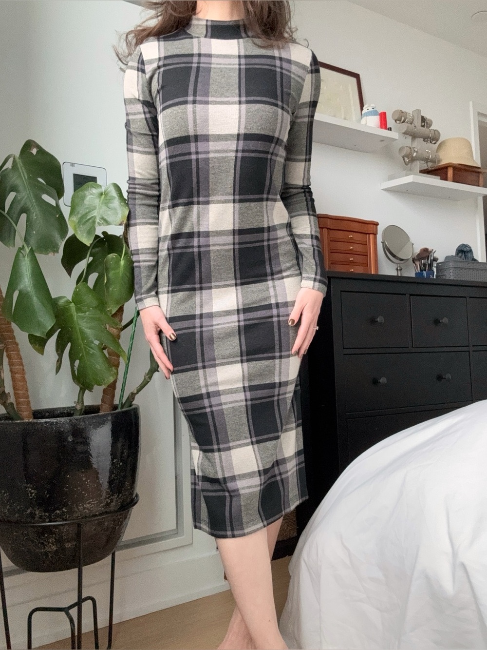 Forever 21 Plaid Long Sleeve Midi Dress Black Gray Purple Fall Mock Neck Slit M